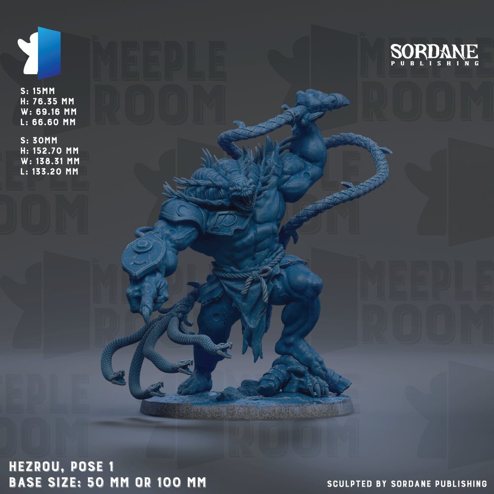 The image is a detailed model of a muscular, blue-colored creature with a snake-like appearance, standing on a base and holding a rope. The creature is posed in a dynamic, fighting stance, with its arms and legs spread out. The image is a collage of multiple images, and it is described as a "hezrou, pose 1" and "base size: 50 mm or 100 mm". The image is published by Sordane Publishing.