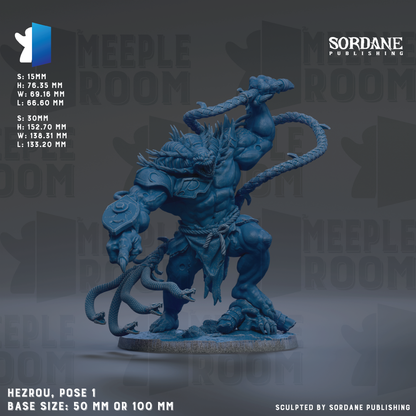The image is a detailed model of a muscular, blue-colored creature with a snake-like appearance, standing on a base and holding a rope. The creature is posed in a dynamic, fighting stance, with its arms and legs spread out. The image is a collage of multiple images, and it is described as a "hezrou, pose 1" and "base size: 50 mm or 100 mm". The image is published by Sordane Publishing.
