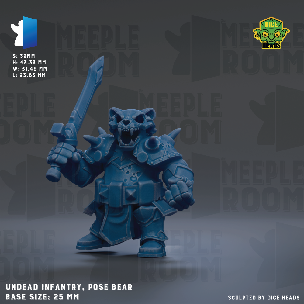 a blue, armored warrior figure holding a sword, with the text "UNDEAD INFRANTRY, POSE BEAR" and "BASE SIZE: 25MM" visible.