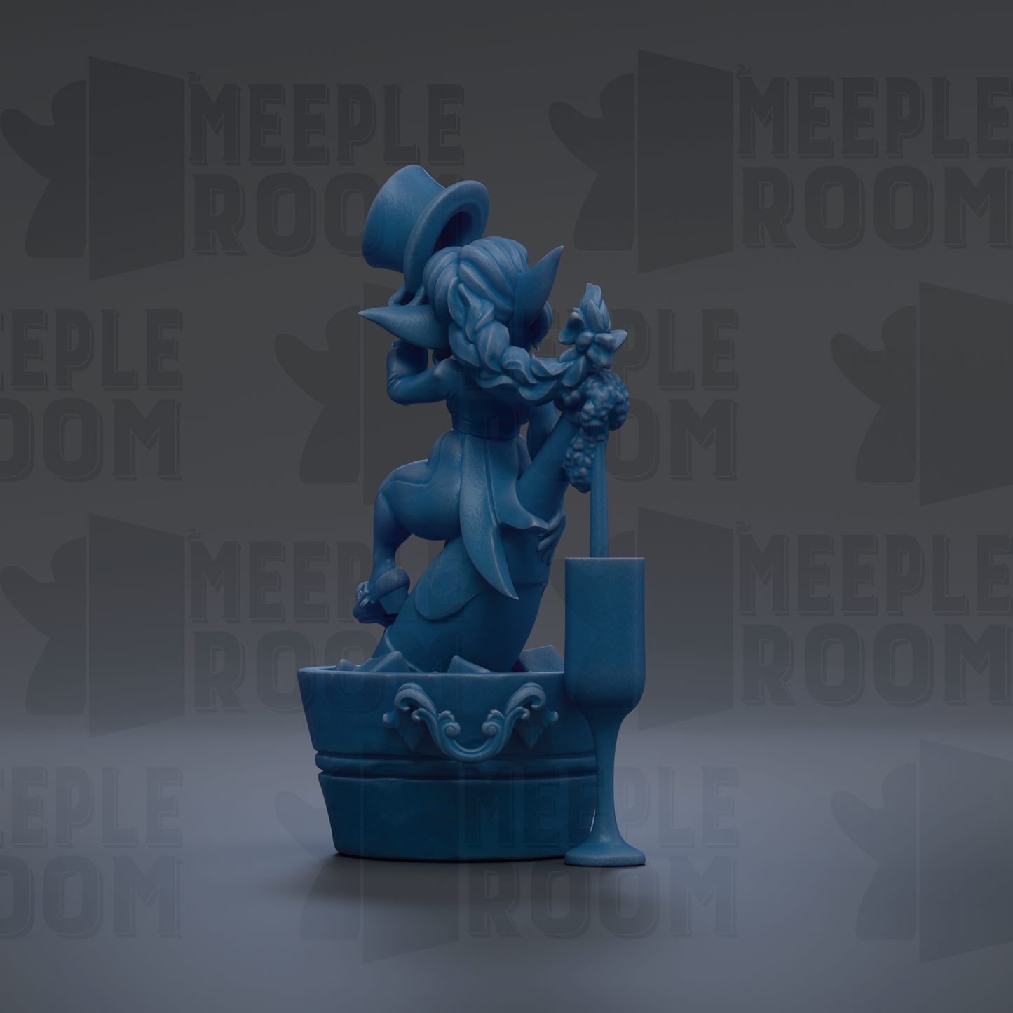A blue figurine of a person sitting in a bathtub, holding a bunch of grapes and a wine glass.
