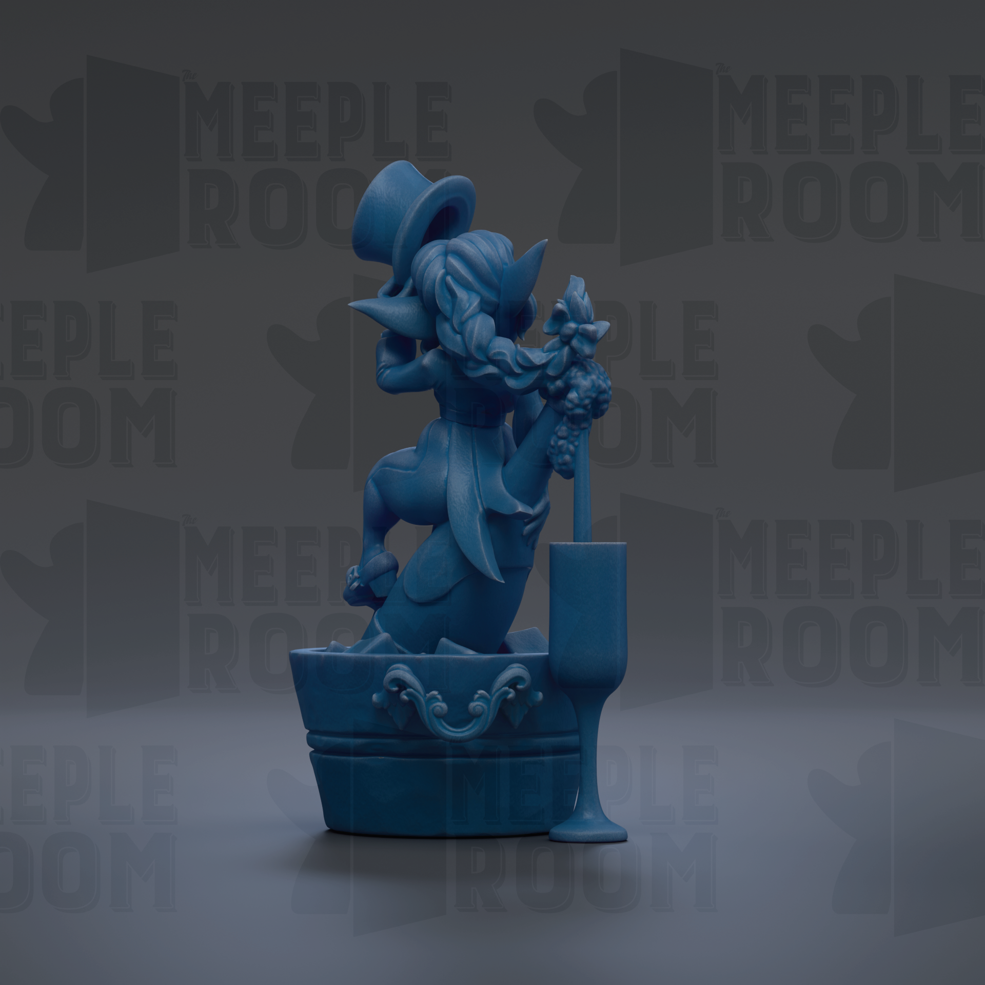 A blue figurine of a person sitting in a bathtub, holding a bunch of grapes and a wine glass.