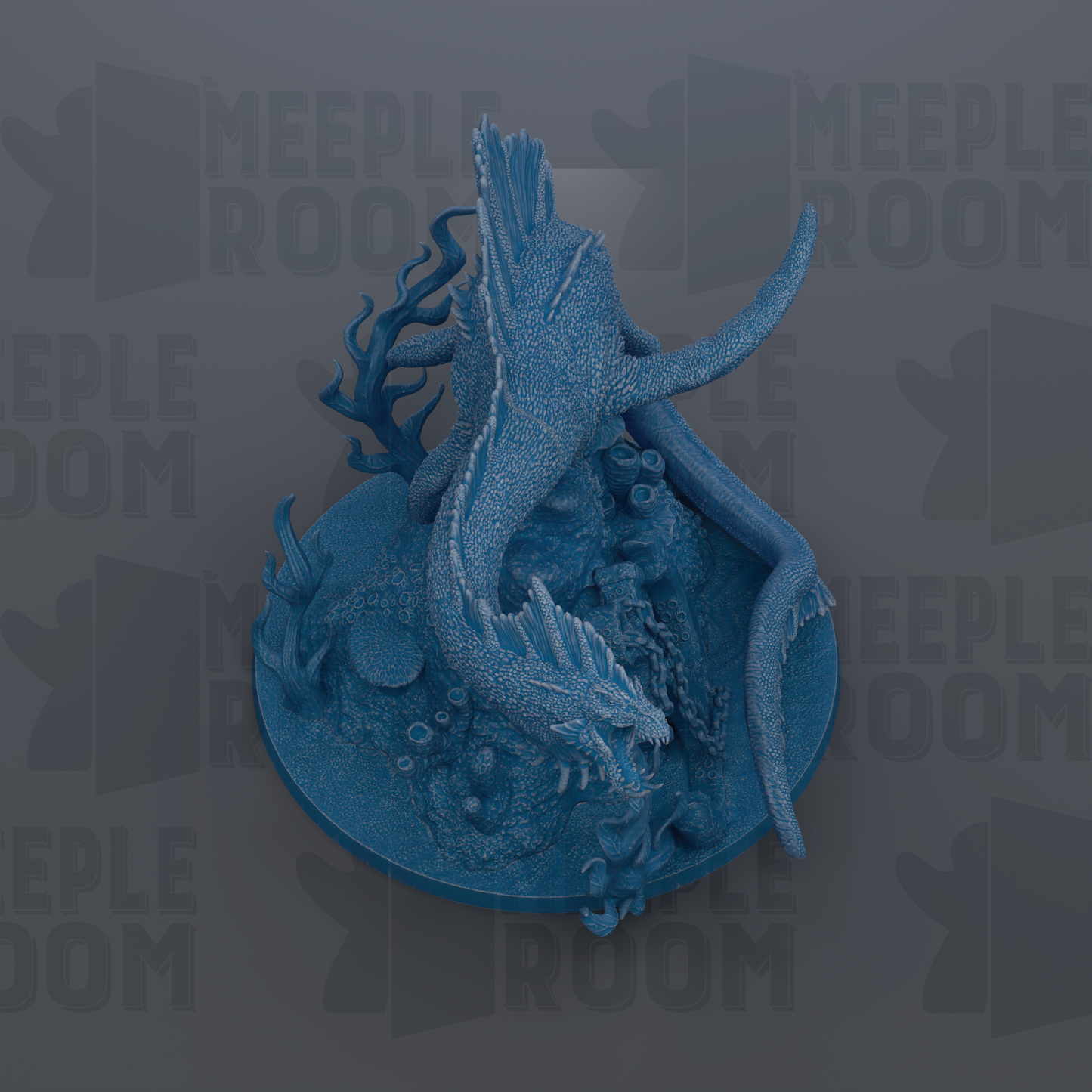 A blue, 3D-rendered dragon figurine is displayed on a circular base, surrounded by various aquatic elements such as plants and rocks.