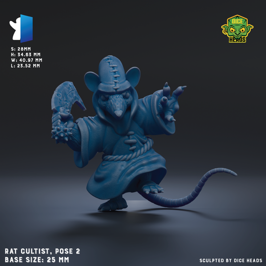 The image is a 3D rendering of a blue rat figurine, with the rat holding a sword and standing on one leg. The base size of the figurine is 25mm.