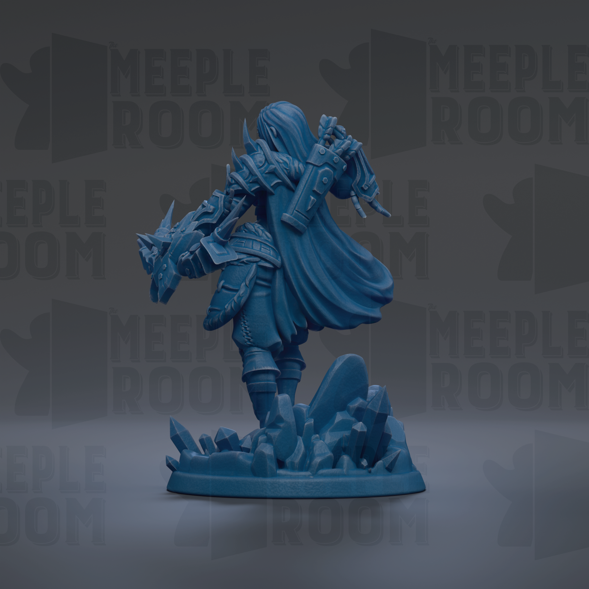 A blue figurine of a warrior figure with a sword and shield, standing on a rocky base.