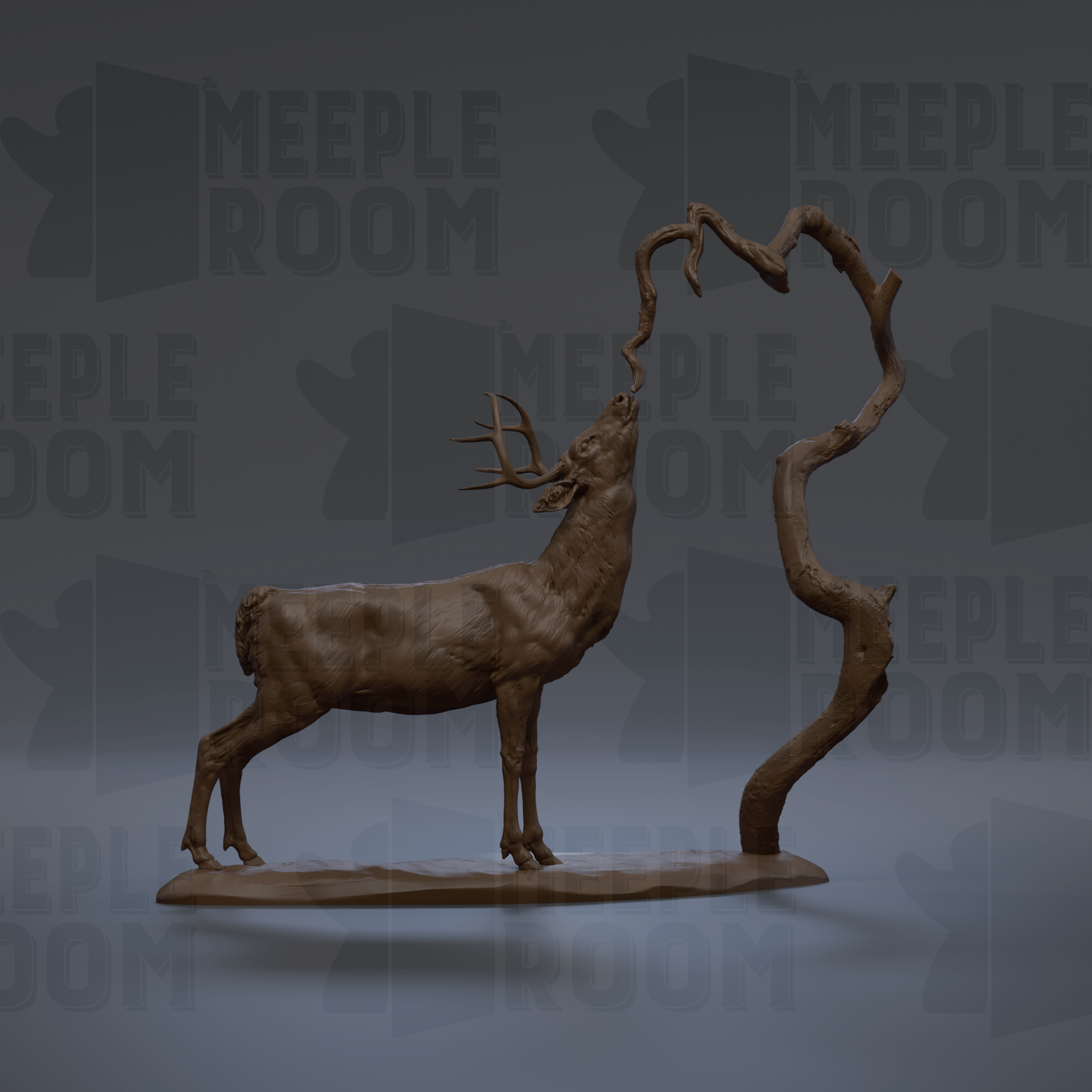 A bronze deer sculpture stands on a base, with its antlers reaching upwards.