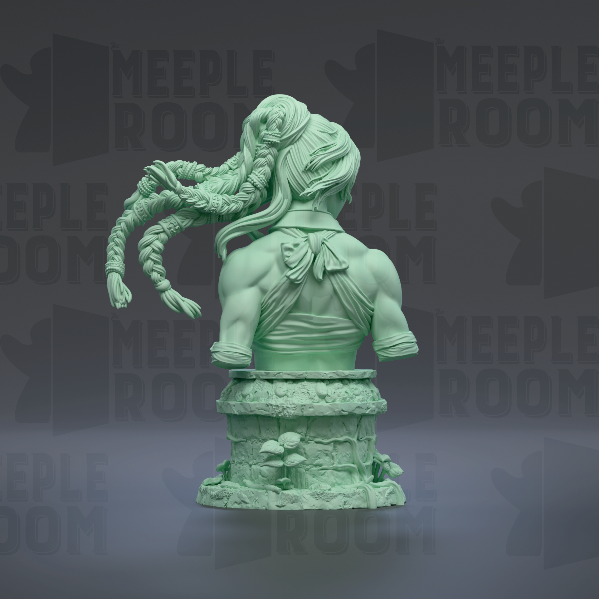 A green bust sculpture of a woman with braided hair is displayed against a dark background with repeated text.