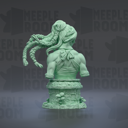 A green bust sculpture of a woman with braided hair is displayed against a dark background with repeated text.