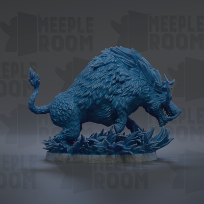 A 3D rendering of a blue, furry boar-like creature with sharp teeth, standing on a base and appearing to be in motion.