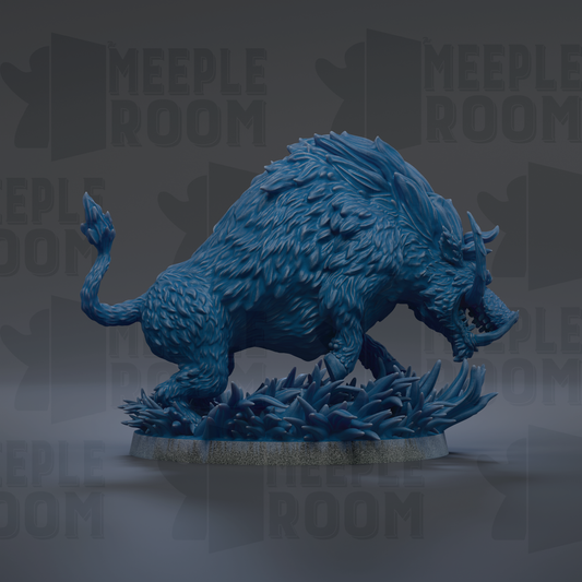A 3D rendering of a blue, furry boar-like creature with sharp teeth, standing on a base and appearing to be in motion.