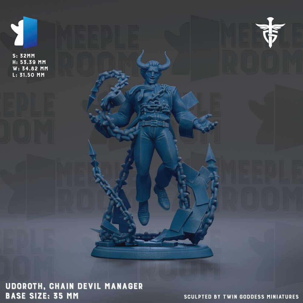 The image is a 3D model of a figurine of a chain devil manager, with the base size of 35mm.