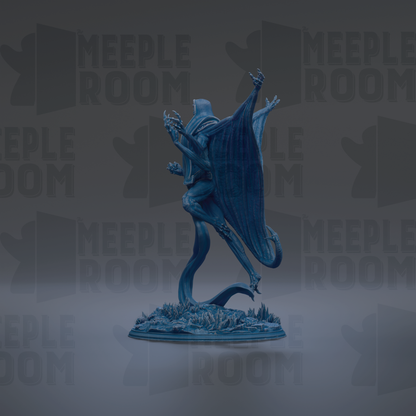 A dark blue, winged statue of a creature with a long, flowing tail stands on a base against a dark background with repeated text.