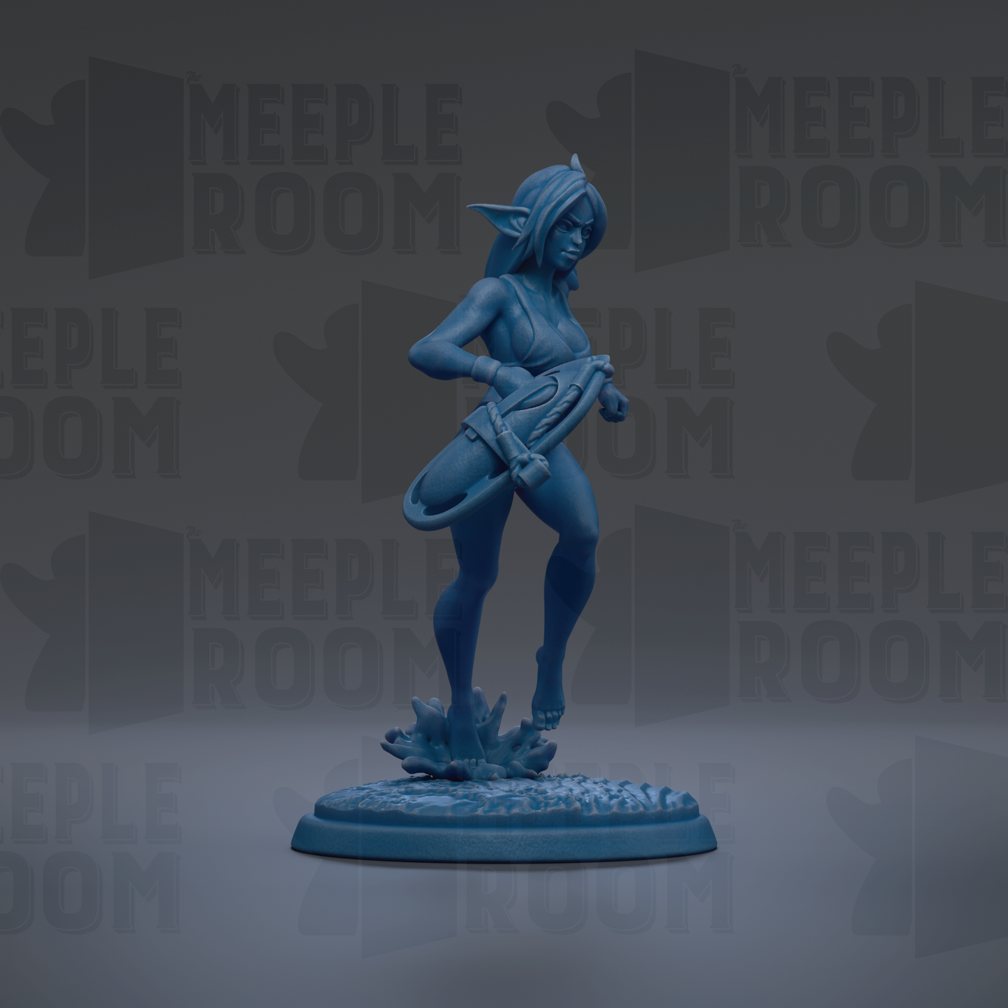 A blue figurine of a woman holding a weapon, standing on a base, against a dark background with repeated text.