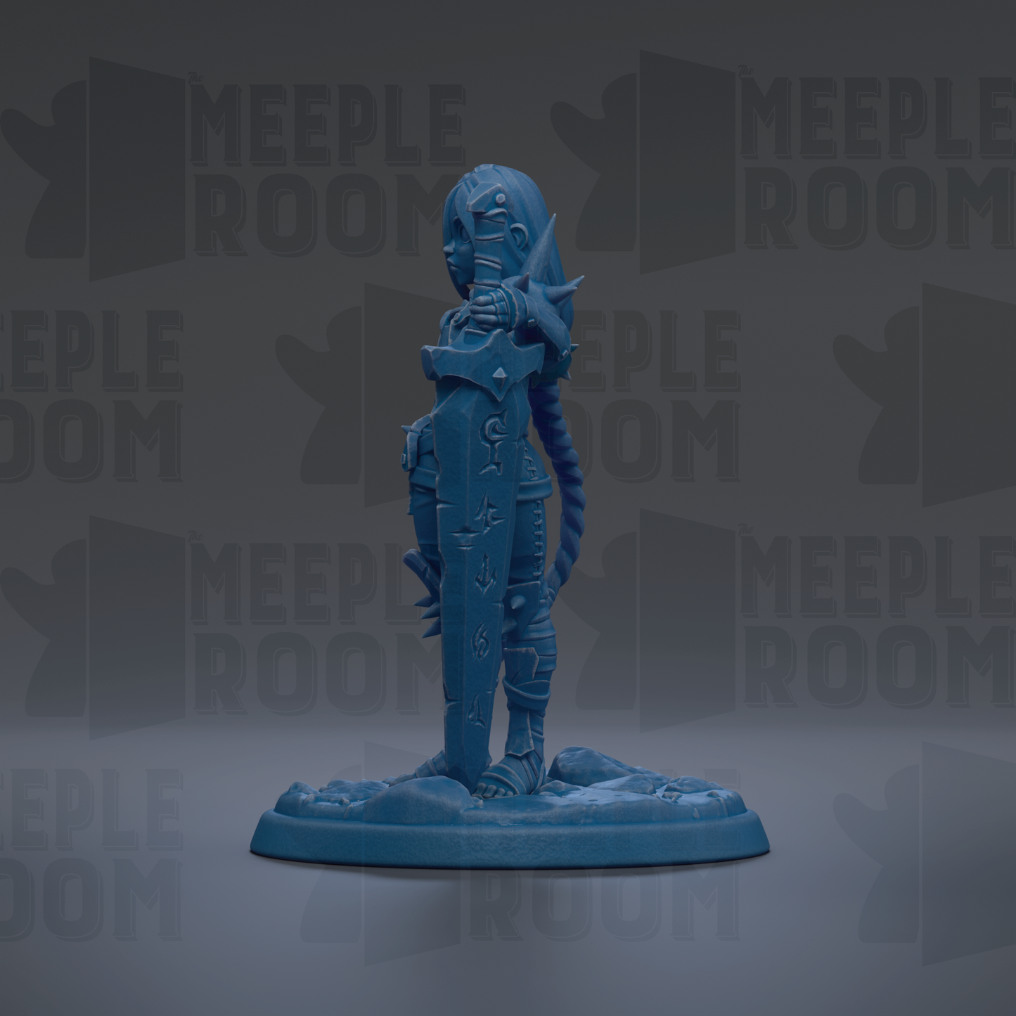 A blue figurine of a person holding a sword stands on a base against a dark background with repeated text.