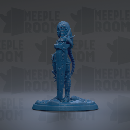 A blue figurine of a person holding a sword stands on a base against a dark background with repeated text.