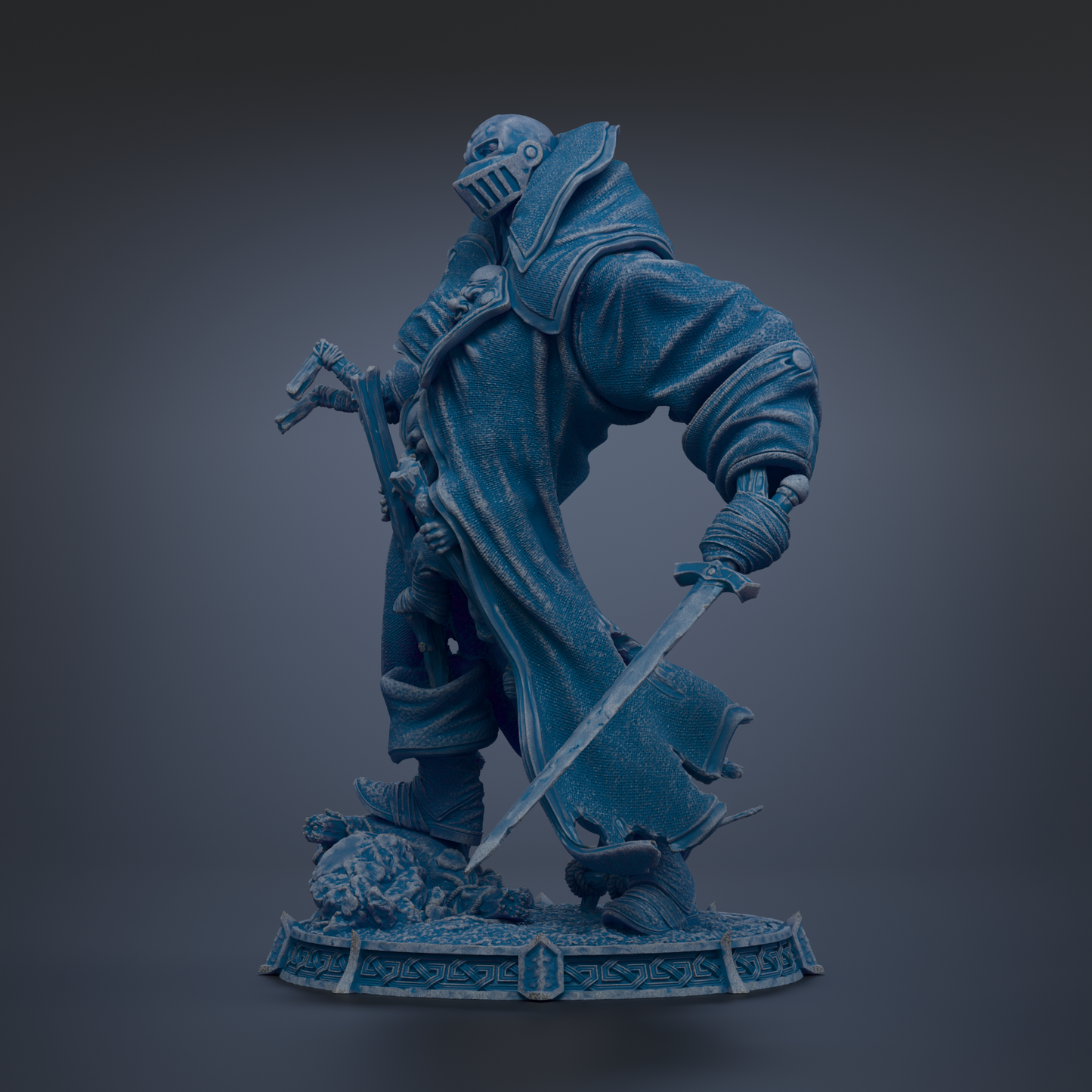 A 3D rendering of a knight-like figure holding a sword and shield, standing on a platform with a dragon-like creature in the background.