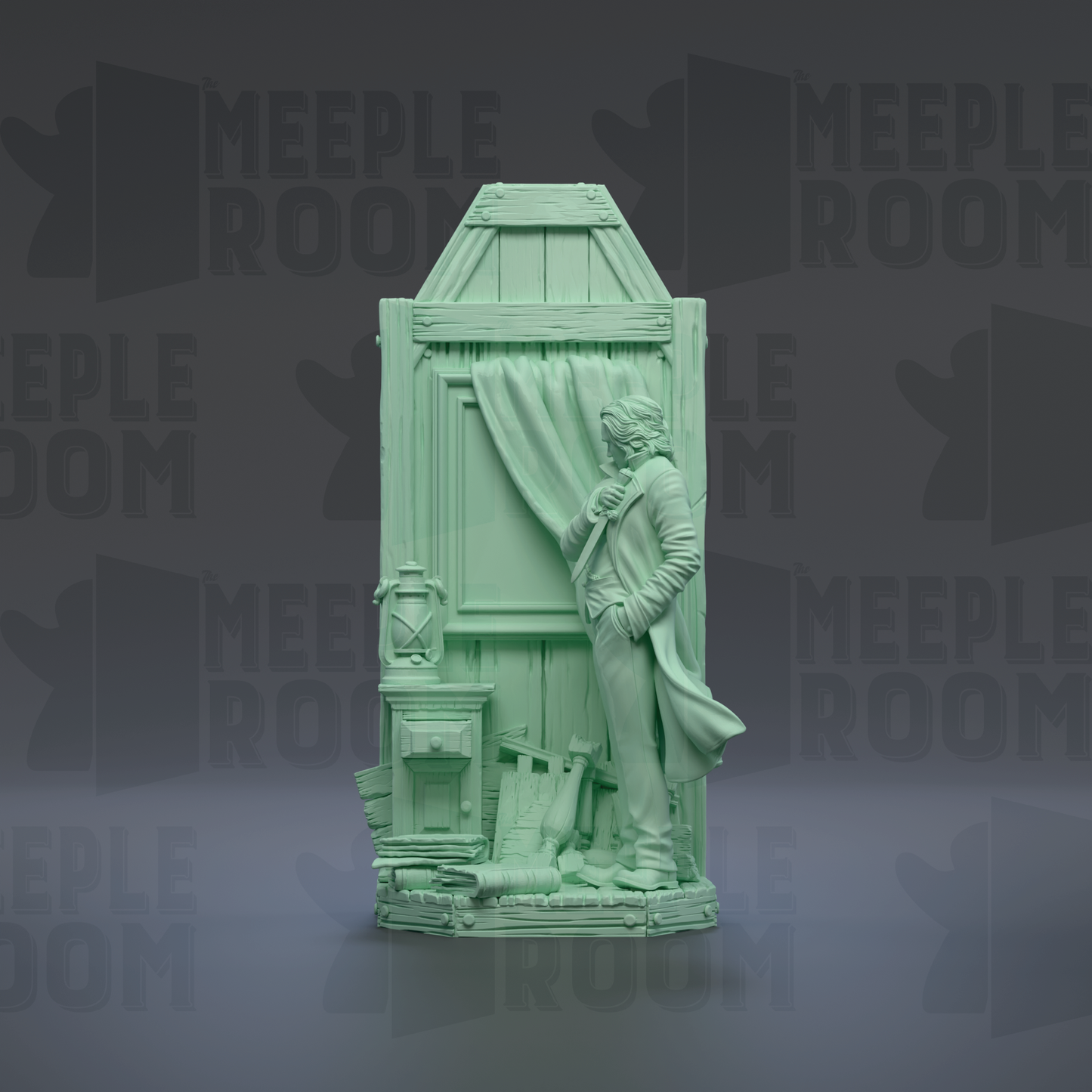 A green 3D model of a person standing in front of a window, holding a lantern and a book.