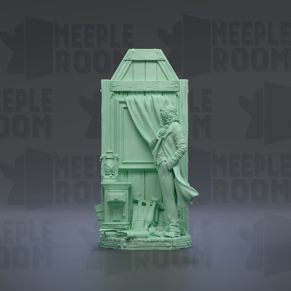 A green 3D model of a person standing in front of a window, holding a lantern and a book.