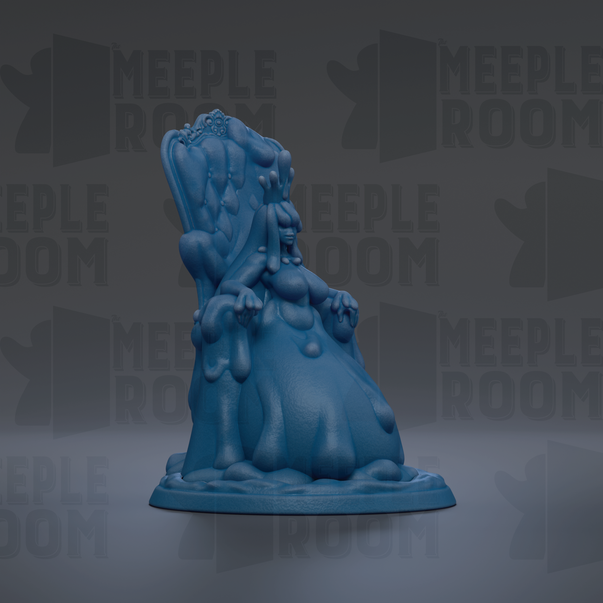 A blue, abstract sculpture resembling a human figure sitting on a rock or pedestal, with a textured, organic appearance.