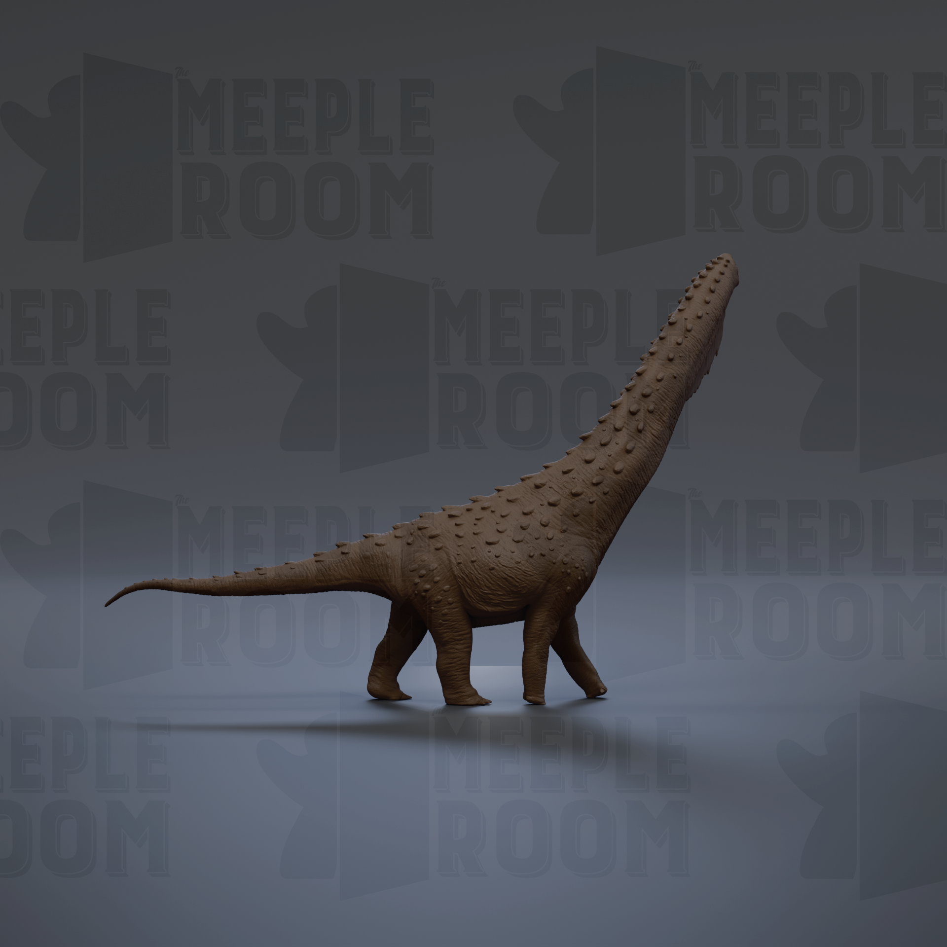 A 3D rendering of a dinosaur with a long neck and tail, standing on a gray background with repeated text.