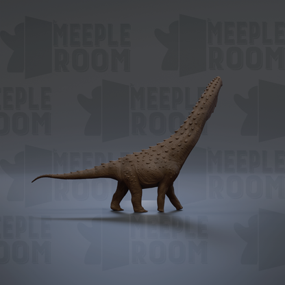 A 3D rendering of a dinosaur with a long neck and tail, standing on a gray background with repeated text.