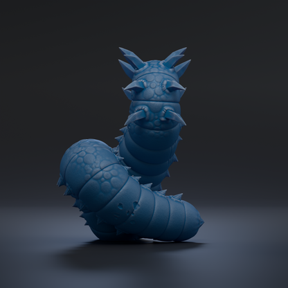 A 3D rendering of a blue, elongated creature resembling a snake or worm, with sharp teeth and spikes protruding from its head.