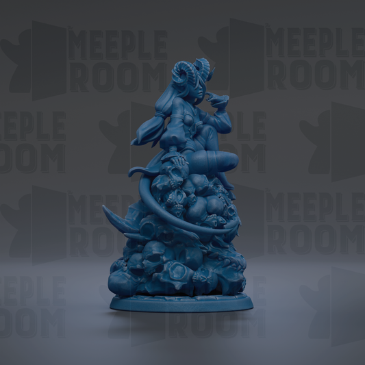 A blue figurine of a person with horns and a dragon-like creature on their lap, set against a dark background with repeated text.