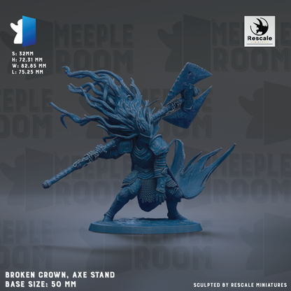 The image is a detailed miniature of a broken crown, an axe stand, and a base size of 50mm.