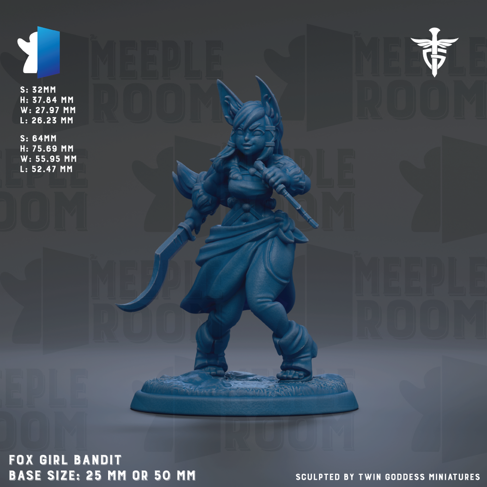 a figurine of a girl, specifically a Fox Girl Bandit, with a base size of 25mm or 50mm.
