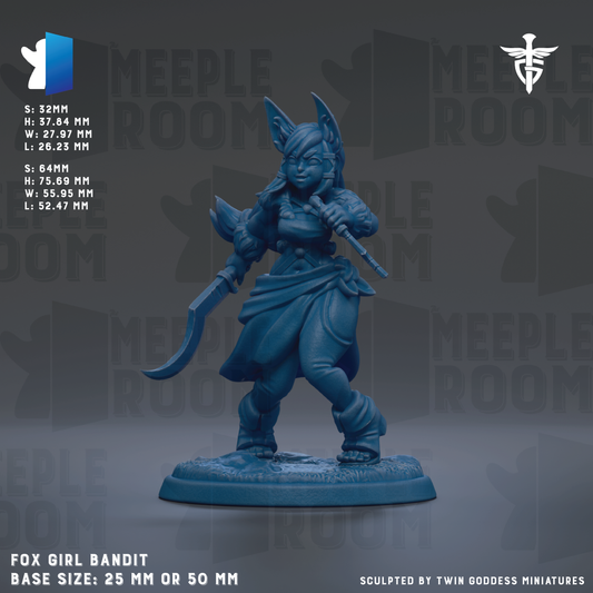 a figurine of a girl, specifically a Fox Girl Bandit, with a base size of 25mm or 50mm.
