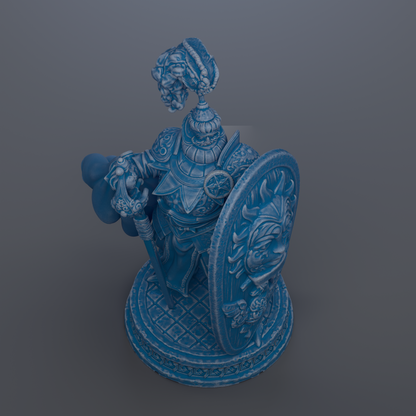 A blue statue of a warrior figure holding a shield and sword, standing on a pedestal.