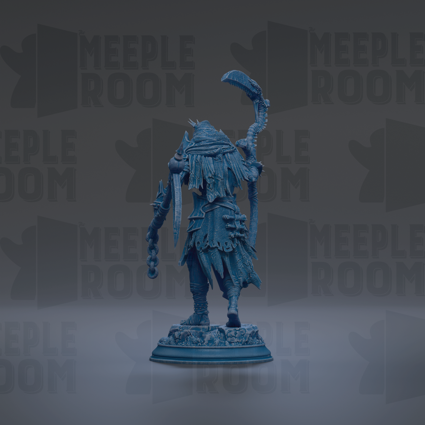 A dark blue, 3D-rendered statue of a figure with a curved weapon and flowing robes stands against a dark background with repeated text.