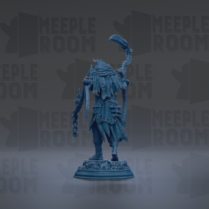 A dark blue, 3D-rendered statue of a figure with a curved weapon and flowing robes stands against a dark background with repeated text.