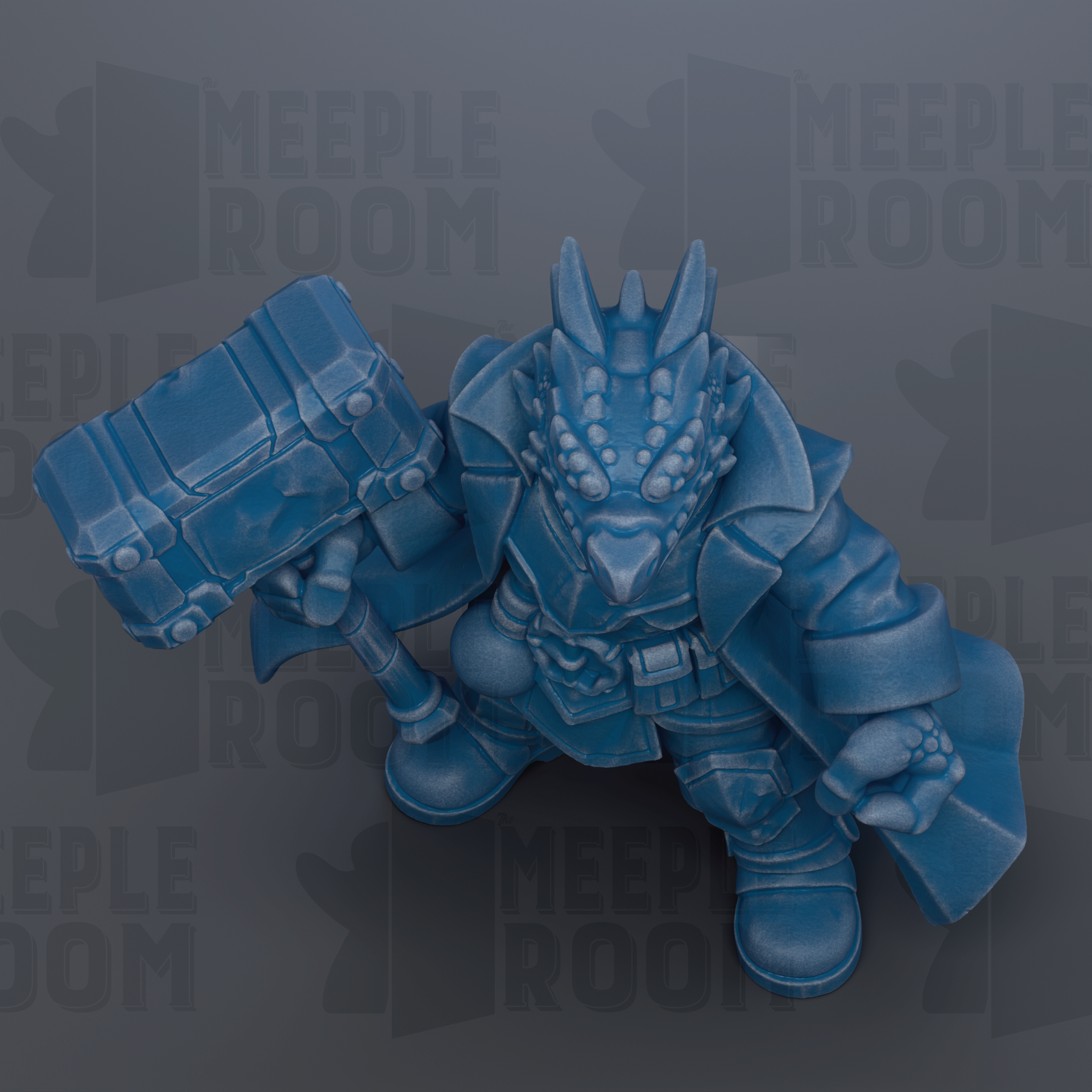 A blue, 3D-rendered fantasy character holding a large, rectangular object, possibly a weapon or tool, with a detailed, textured appearance.