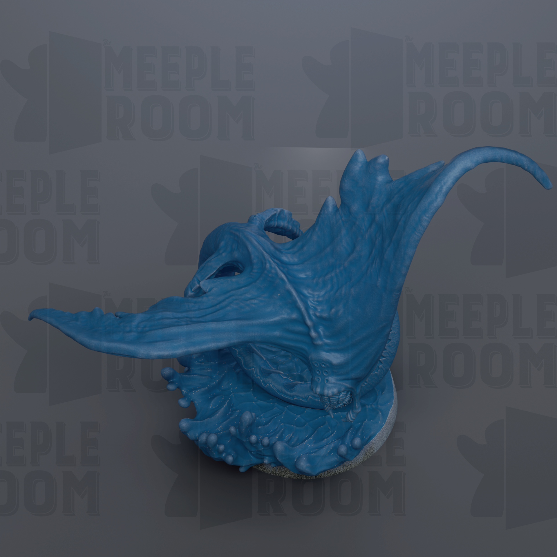 A blue, 3D-rendered creature resembling a dragon or sea monster is shown against a dark background with repeated text.