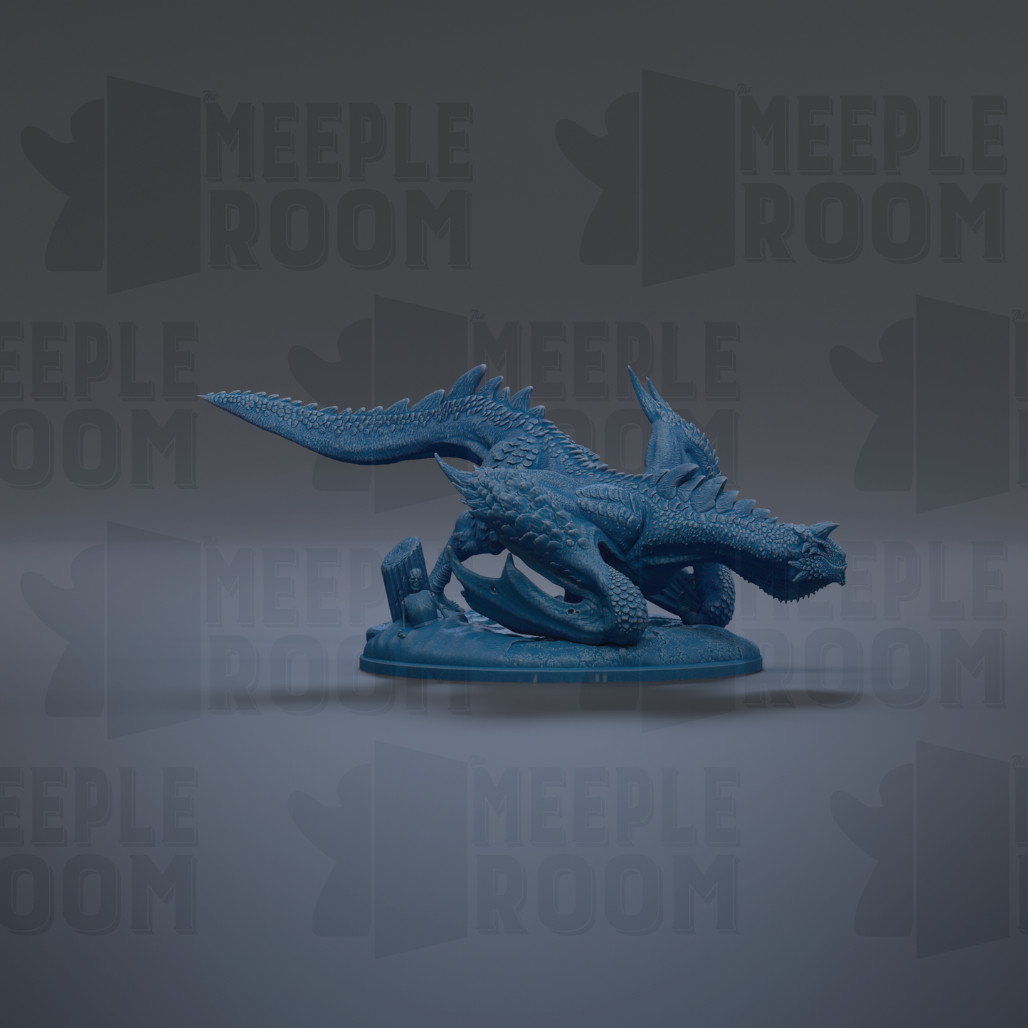 A blue dragon figurine is shown against a dark background with repeated "MEIPLE ROOM" text.