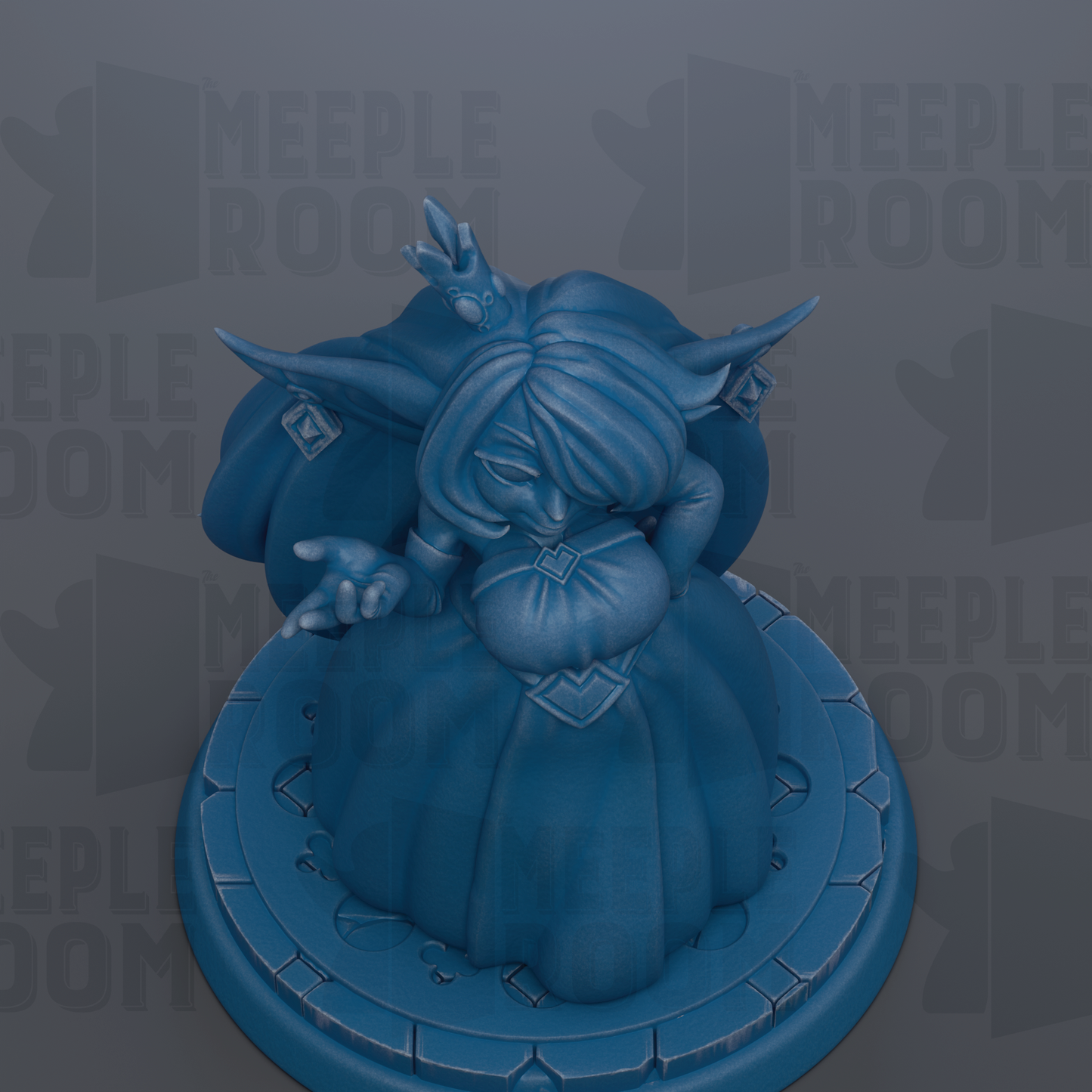 A blue figurine of a woman with a crown, sitting on a pedestal.
