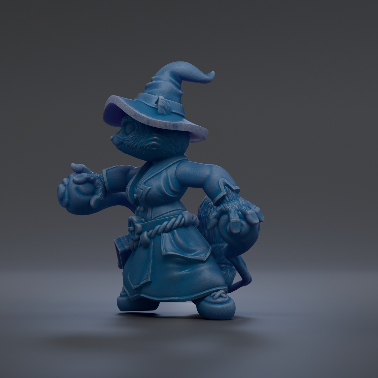 A blue, whimsical figurine of a wizard or magical character, with a pointed hat and various accessories, is depicted in the image.