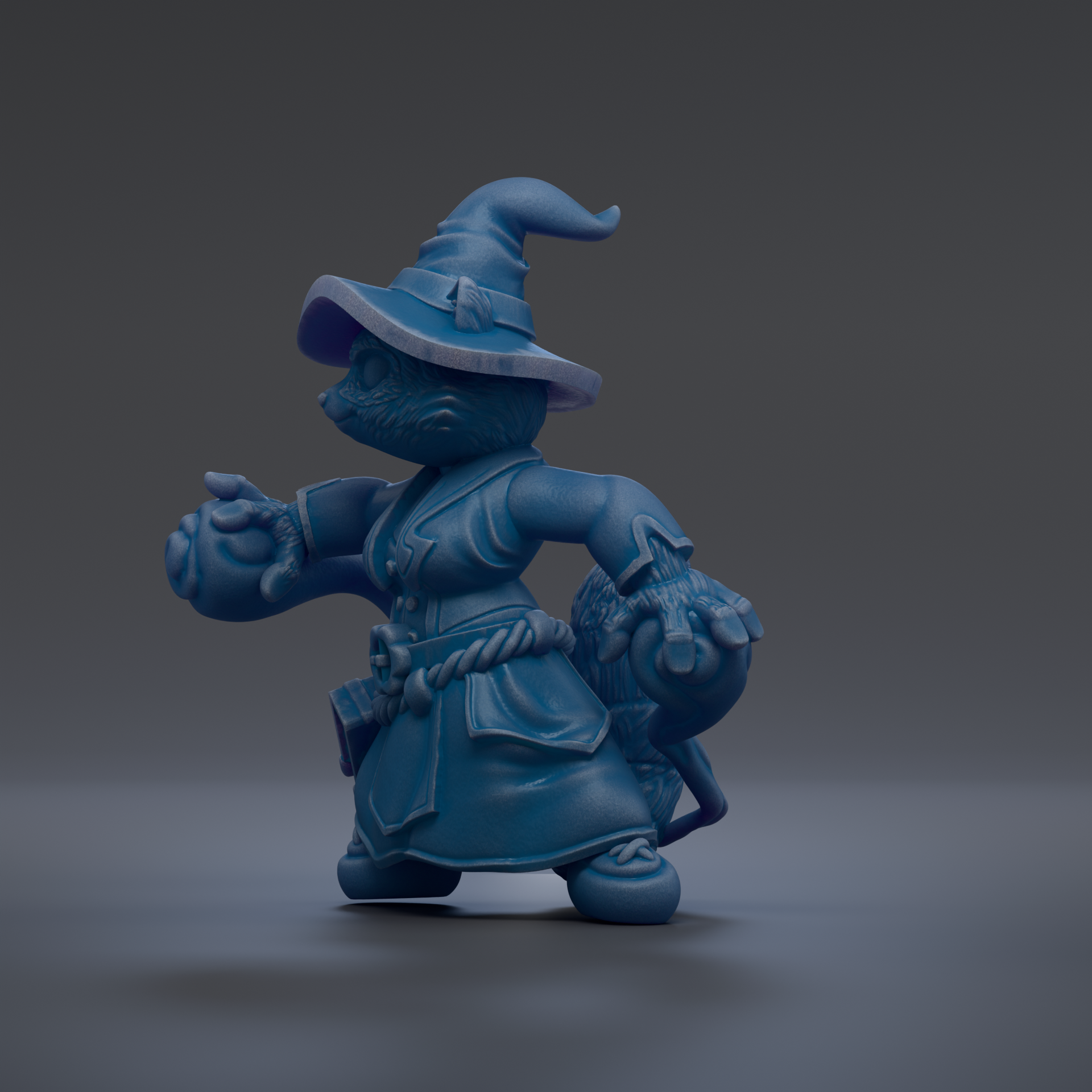 A blue, whimsical figurine of a wizard or magical character, with a pointed hat and various accessories, is depicted in the image.