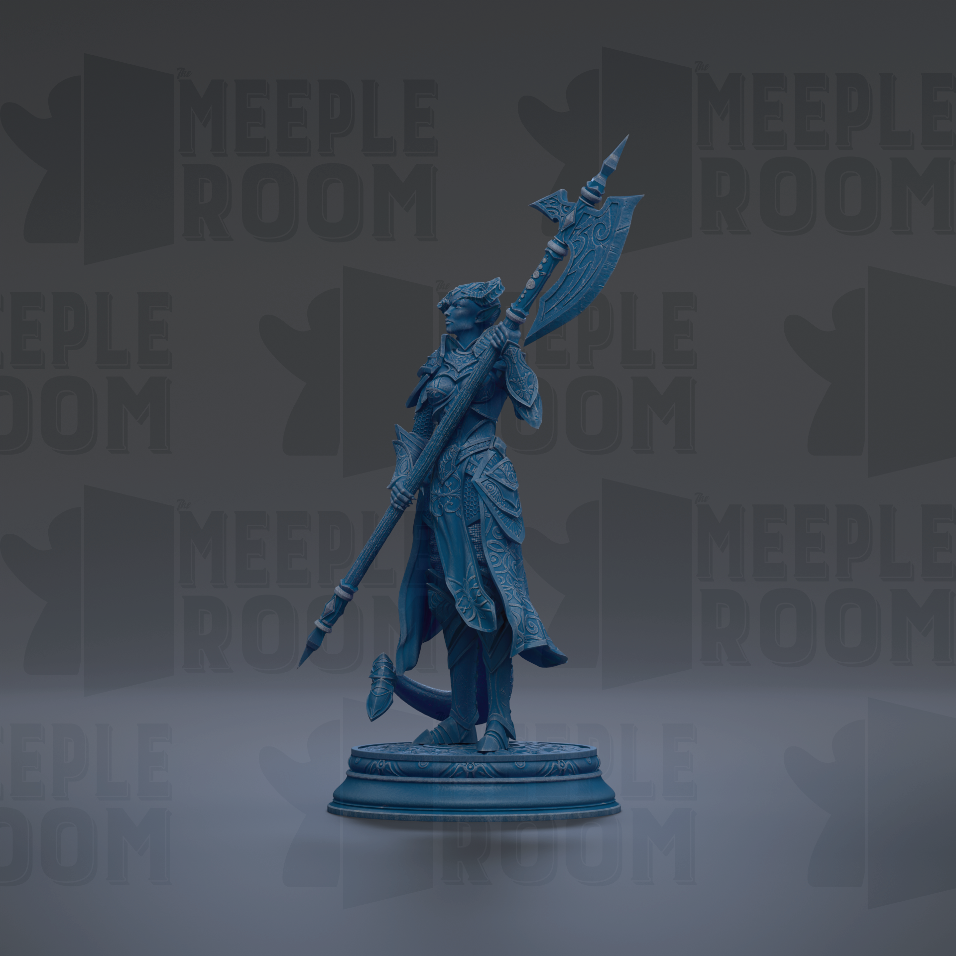 A blue statue of a warrior figure holding a spear and shield, standing on a pedestal against a dark background with repeated text.