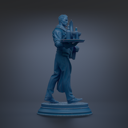 A blue statue of a waiter carrying a tray with various items, including a bottle and a cup.
