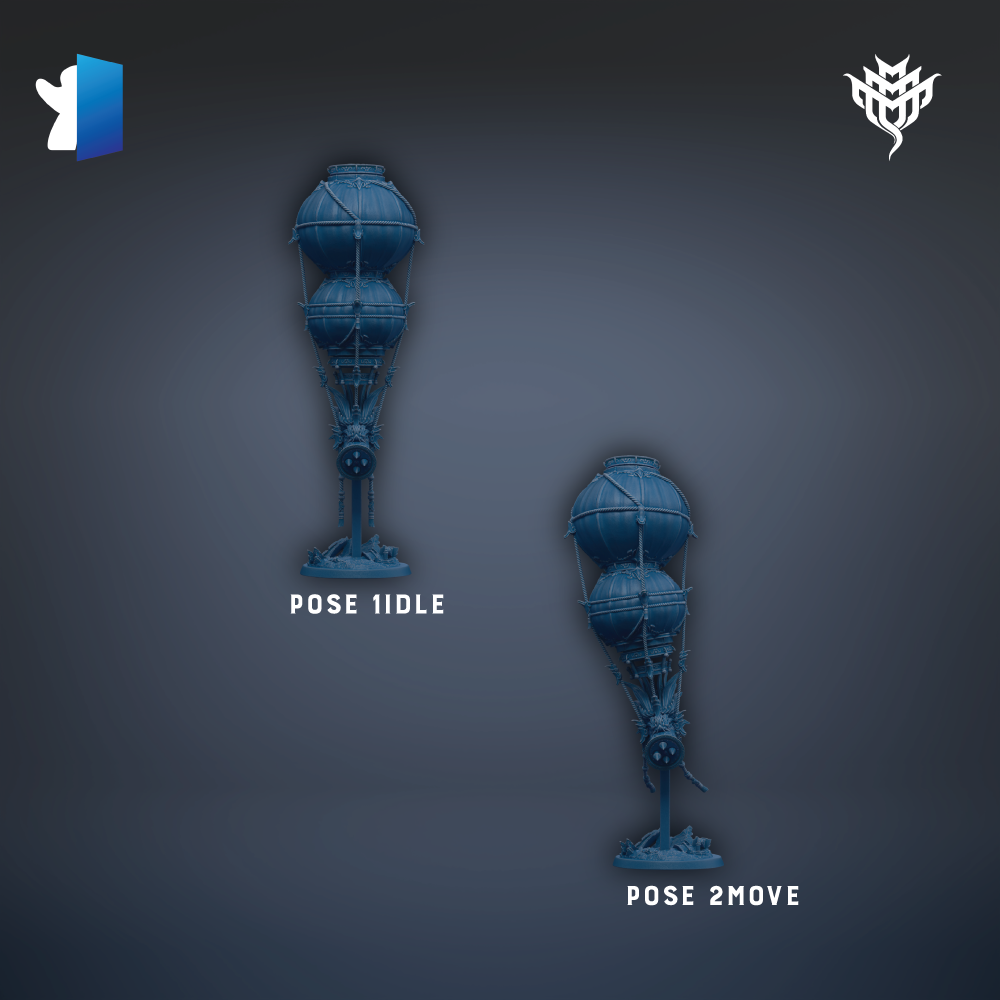 two blue spherical objects, one standing upright and the other tilted on its side, with the text "POSE 1DLE" and "POSE 2MOVE" indicating the pose of each object.