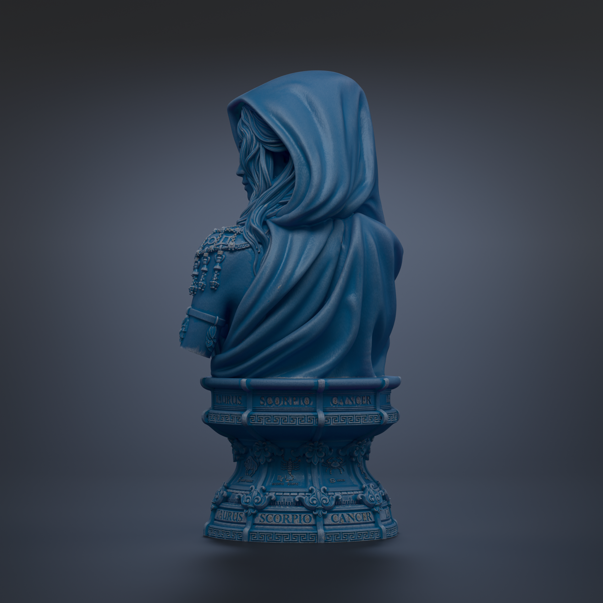 A blue statue of a woman with a hooded cloak, standing on a pedestal with ornate designs.