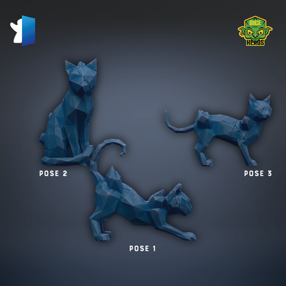 three blue geometric cat sculptures, each in a different pose, arranged against a dark background.