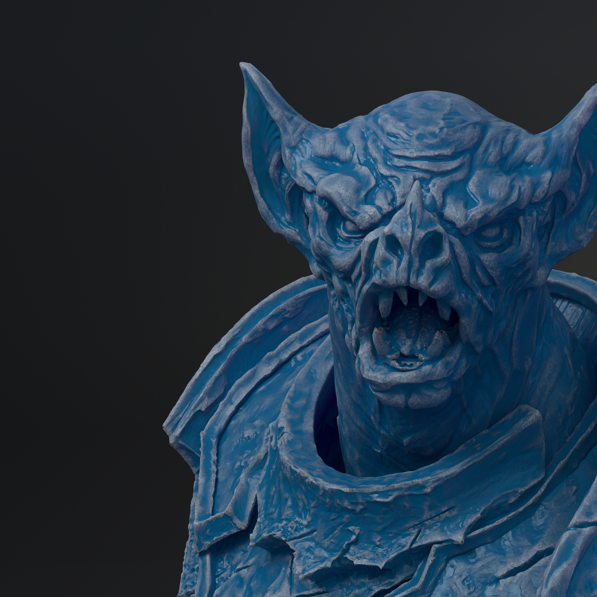 A close-up view of a blue, sculpted creature with sharp teeth and an intense expression, set against a dark background.