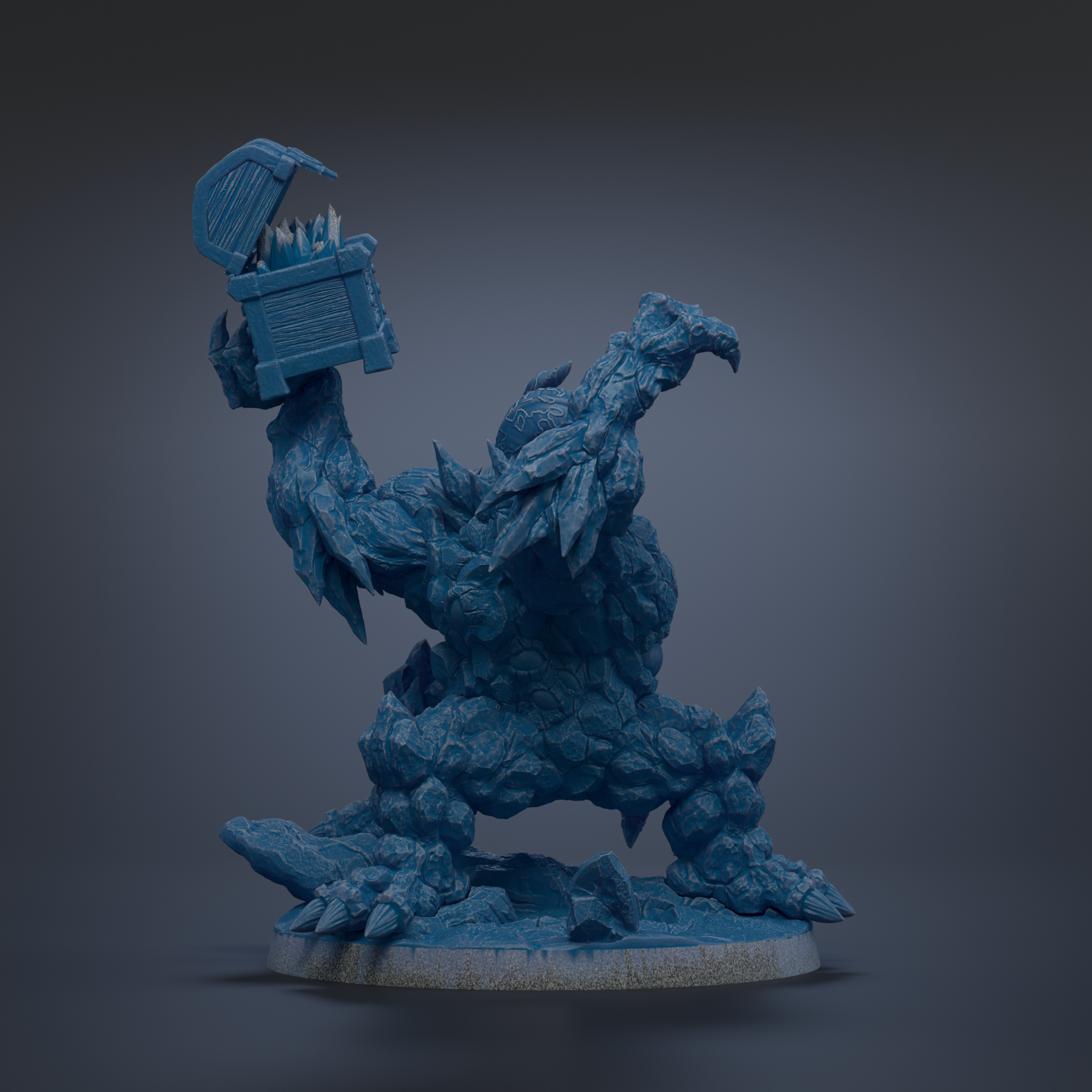 A blue, rocky-looking creature holding a chest with a lid, standing on a platform.