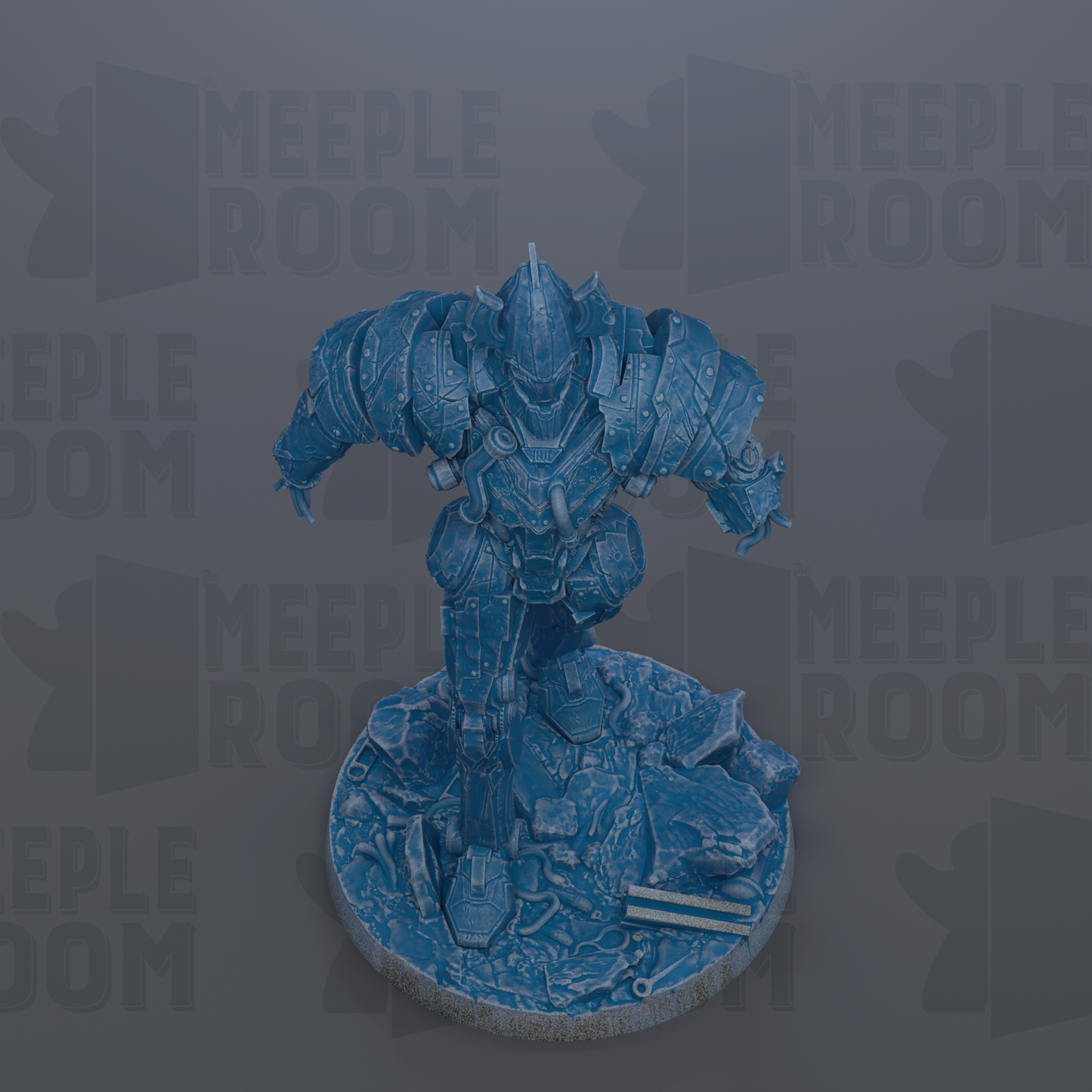 A 3D rendering of a heavily armored and battle-ready robot or mechanical figure, with a dark blue color scheme. The figure appears to be in a fighting stance, ready for action.