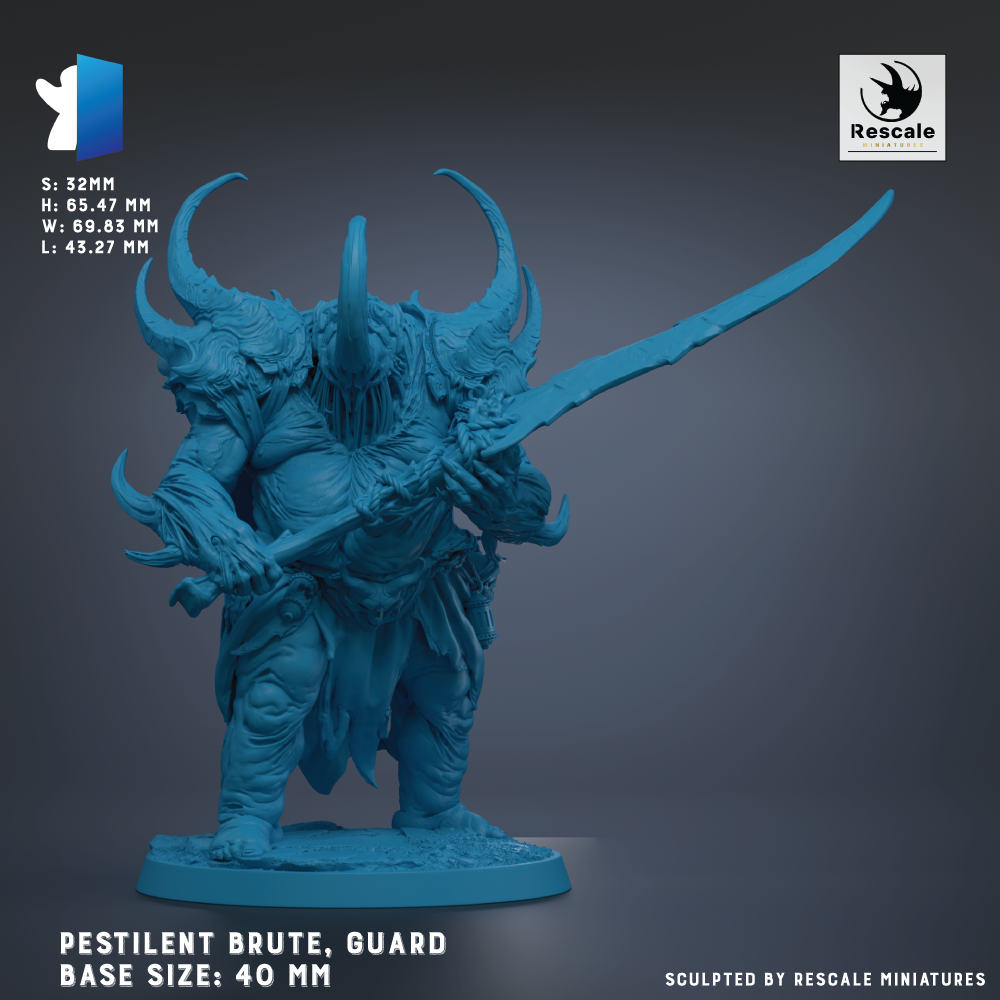 a blue, detailed statue of a pestilent bruised, guard-like creature with horns and a sword, standing on a base.