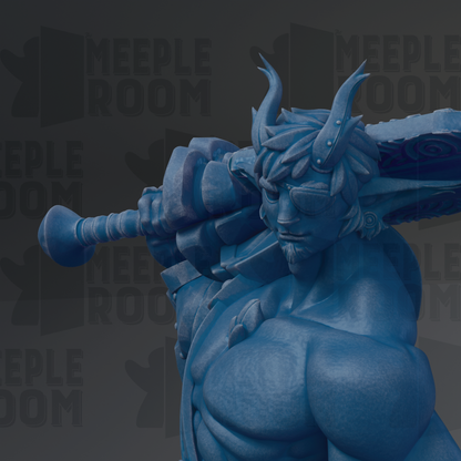 A close-up of a blue, sculpted figure with horns and a beard, holding a weapon.