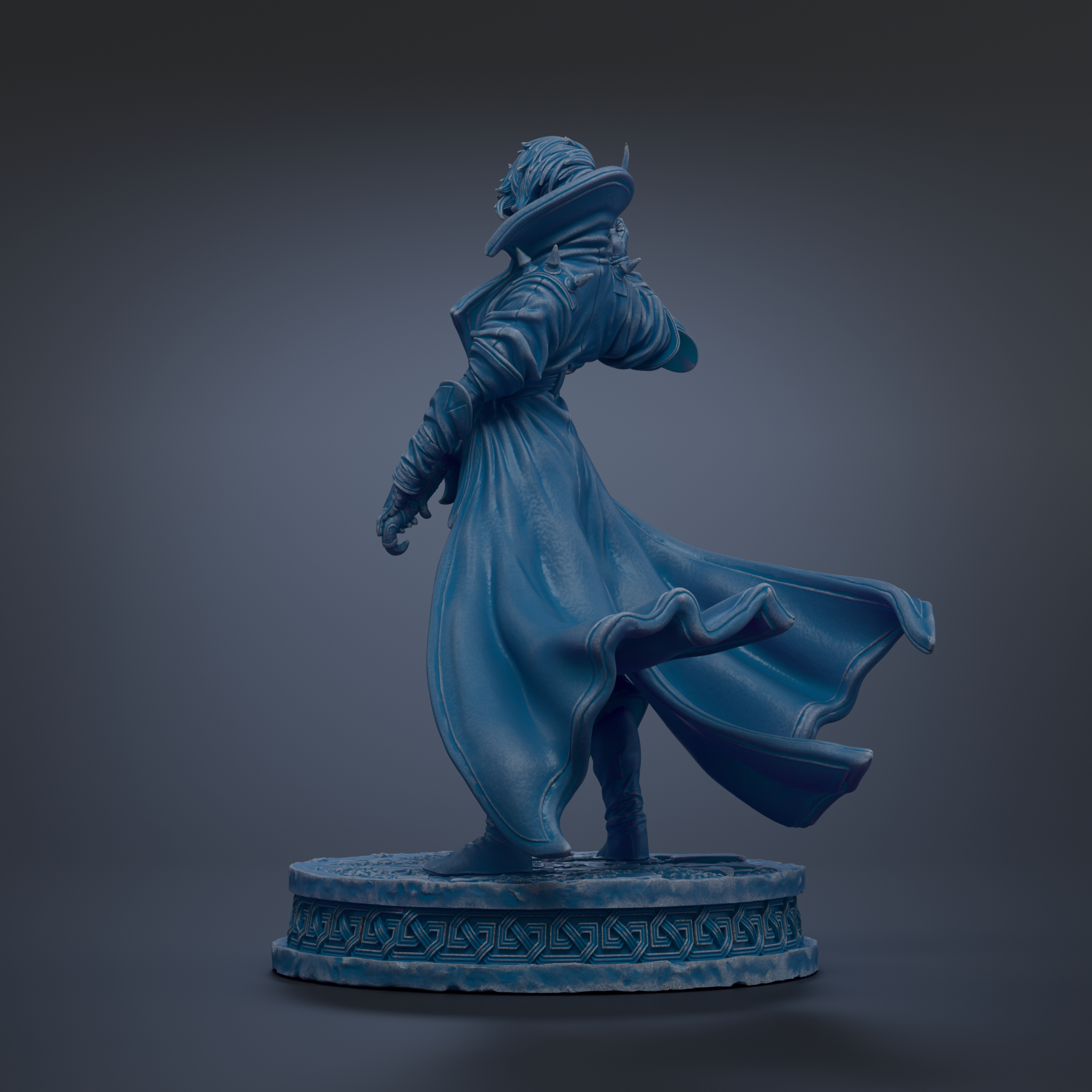 A blue statue of a person with flowing robes and a hat, standing on a circular base with a geometric pattern.
