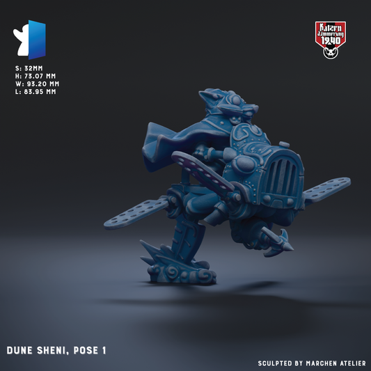 a blue mechanical figure, specifically a character named Dune Sheni, posed in a dynamic stance with a large wing-like structure on its back.
